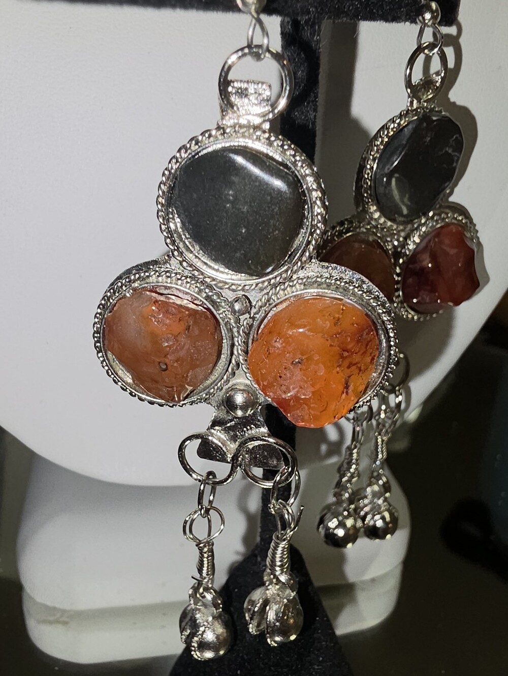Artisan Tribal Carnelian and Jasper Trefoil  Statement Dangle  Pierced Earrings - Picture 5 of 6